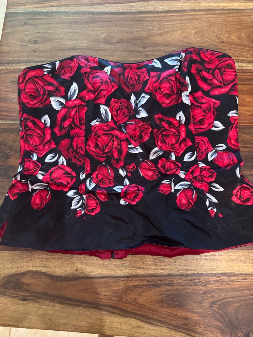 White House Black Market Strapless Black Corset with Red Rose Print. Size 10.